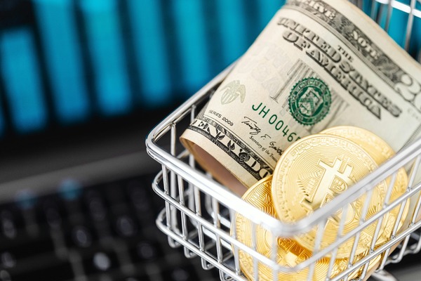 Shopping basket holding gold coins and dollar bills