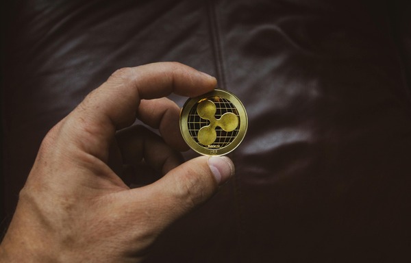 Hand holding a single gold cryptocurrency coin